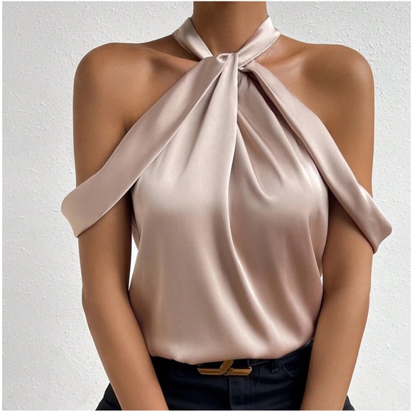 038 Luxe Cold Shoulder Keyhole Back Satin Top - Picture 3 of 4